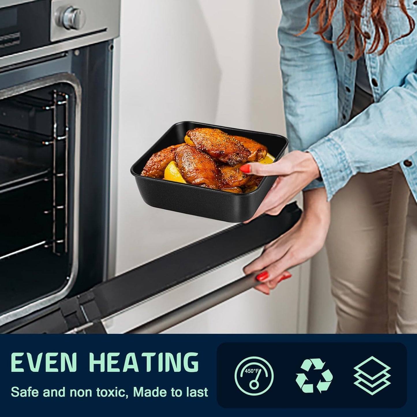 6 Inch Square Cake Pan, Nonstick Square Baking Pan for Cake Brownie Lasagna, Stainless Steel Core for Sturdy Structure, Non-Toxic & Oven Safe, Black, 1Pc