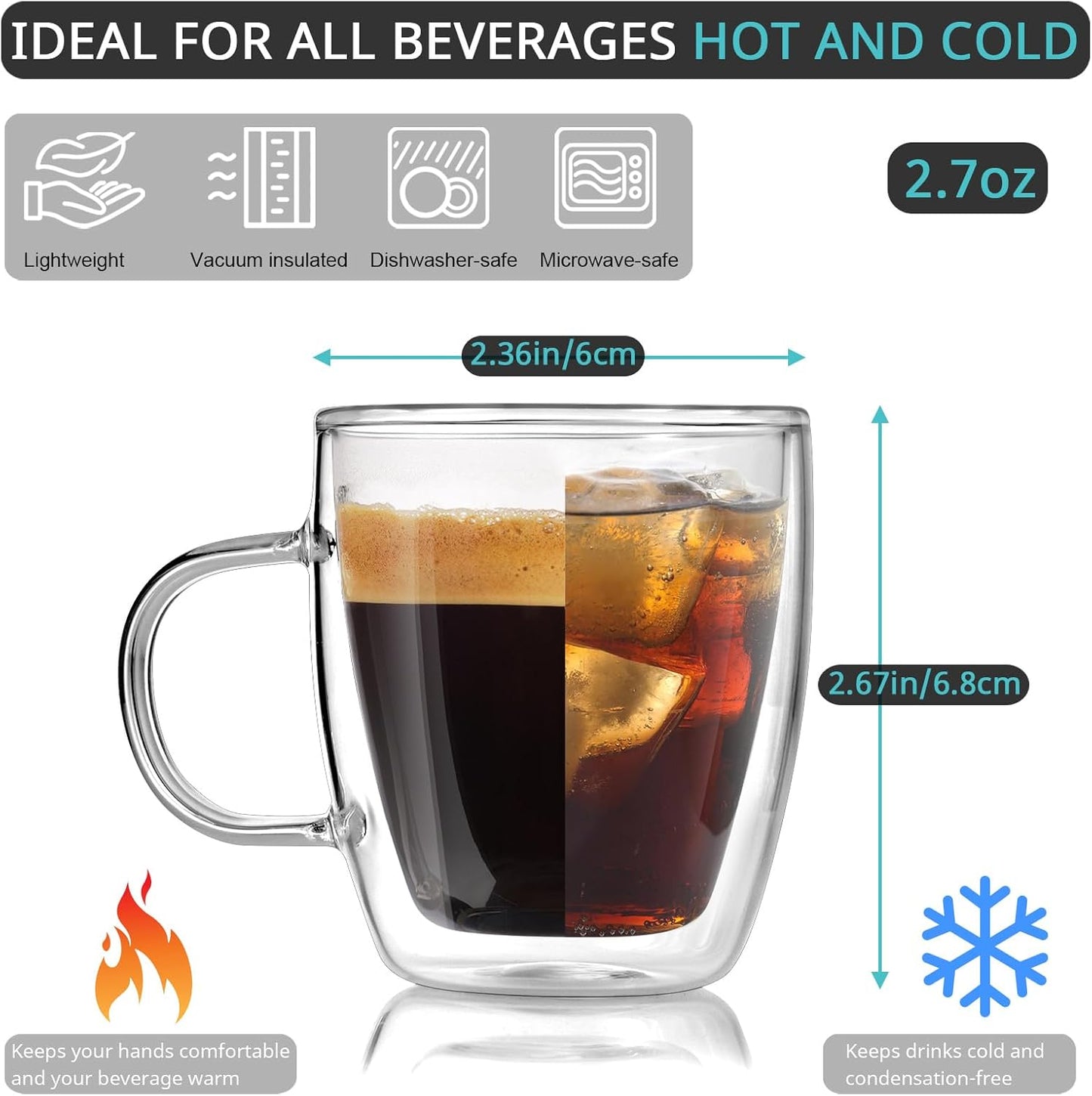 Espresso Cups Set of 2, 2.7 Ounces Double Wall Glass Espresso Cups, Clear Insulated Espresso Shots Cup for Espresso Accessories