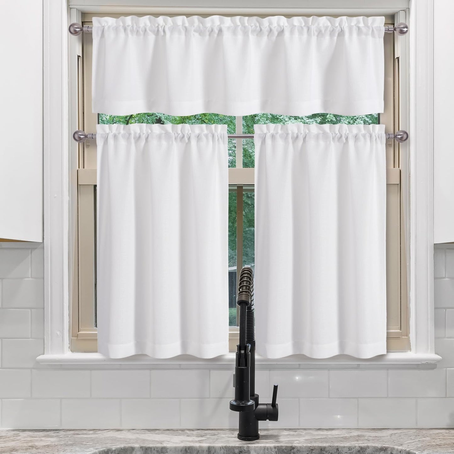 2 Panels White Curtains 24 Inch Length Tier Curtain, Faux Linen Textured Small Cafe Curtains, Light Filtering Short Camper Curtain for RV Window Bathroom, 30X24 Inch, 2PCS
