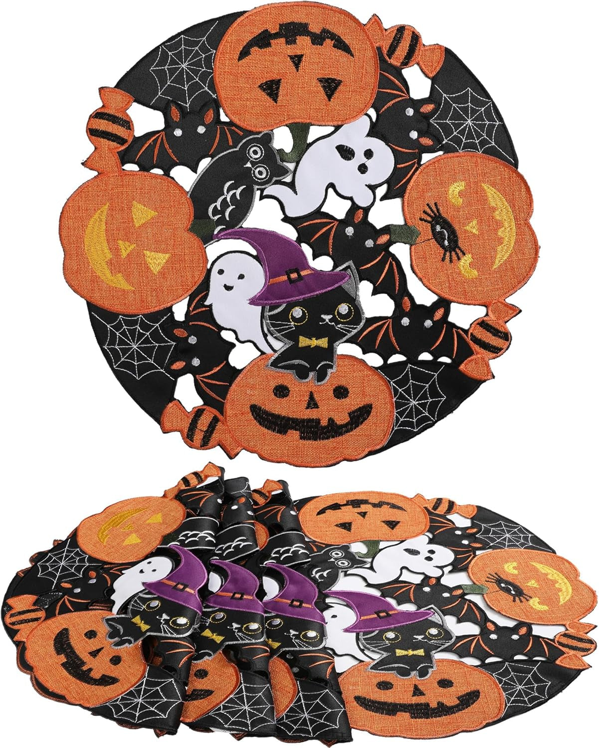 Halloween Placemats Set of 4, Embroidered Black round Placemats 15 Inches, Thanksgiving Fall Pumpkins Table Decorations for Kitchen & Dining Room, Gnomes Table Mats