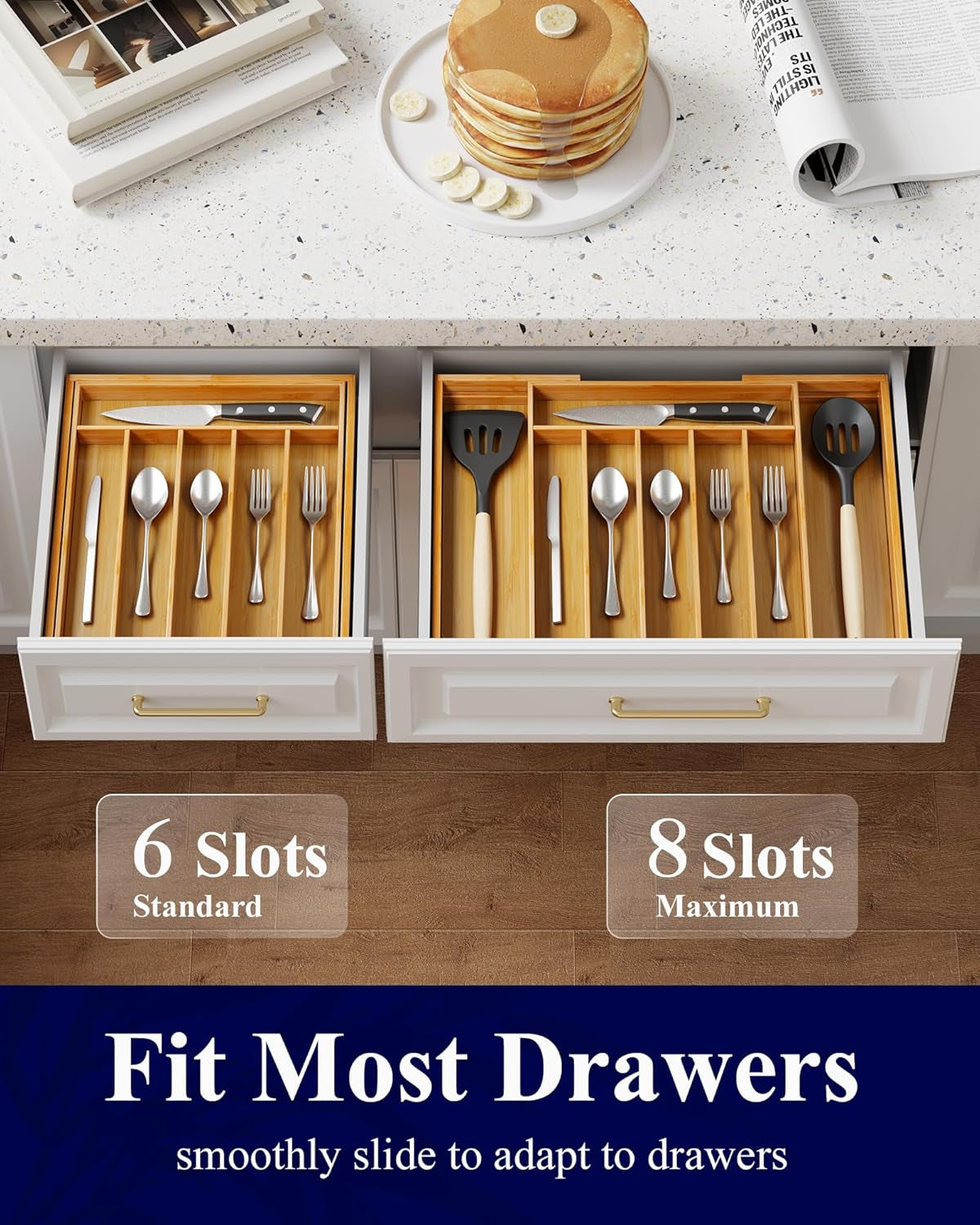 Large Bamboo Silverware Organizer - Expandable Drawer Organizer for Utensil, Cutlery and Flatware, Kitchen Storage Solution with 6 to 8 Slots, Natural, 18.7" × 12.8" × 1.8"