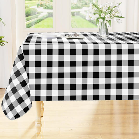 Rectangular Waterproof Vinyl Tablecloth with Flannel Backing, Wipeable Buffalo Plaid Design for Indoor and Outdoor Dining (Black & White, 60" x 84")