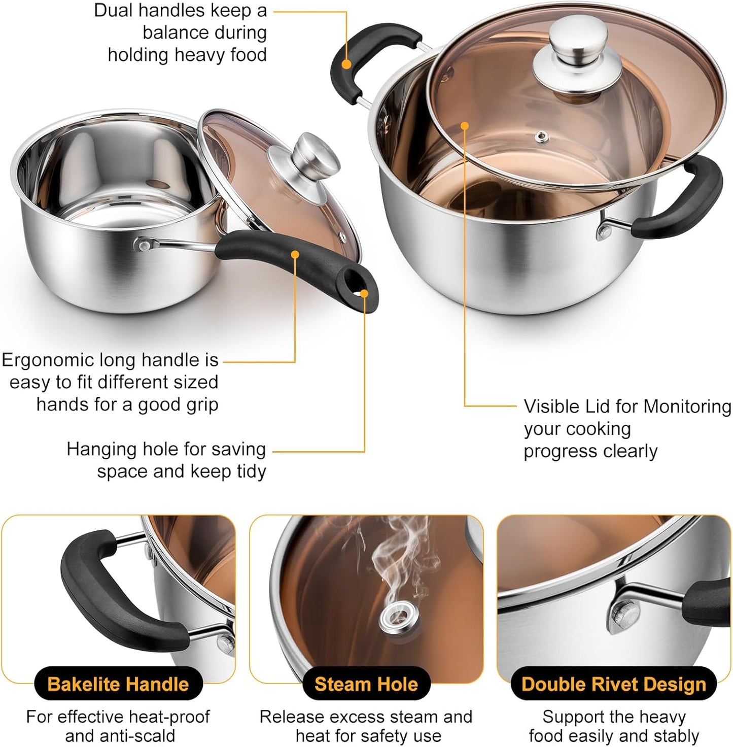 Saucepan and Stockpot Set, Stainless Steel Cooking Stock Pot with Lid, Good Cookware for Kitchen Cooking Boiling, Visible Lid & Heat-Proof Handle, Dishwasher Safe, 2QT & 4QT