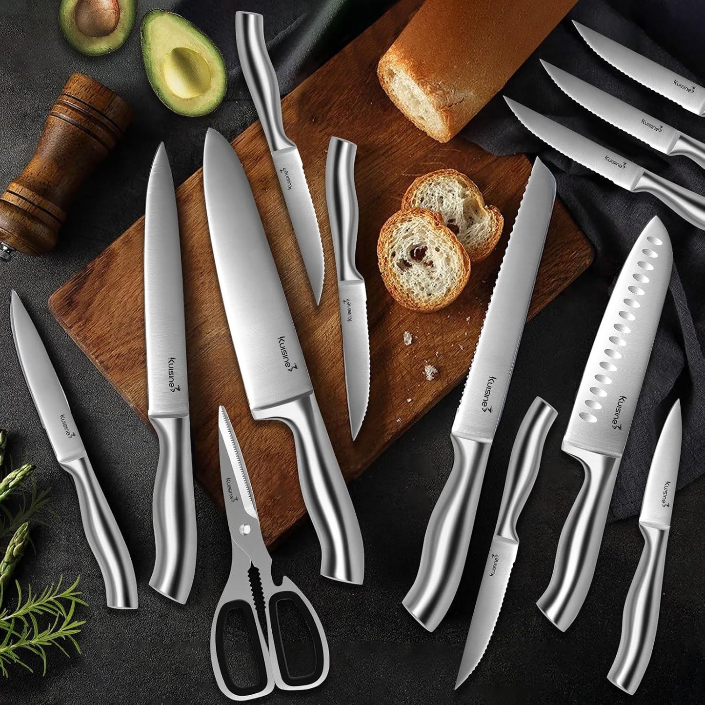 Sharp Knife Set,One-Piece Molding,Sharper Blade Ergonomic Non-Slip Steel Handle,Block Knife Set Chef Knife Set with Built-In Sharpener(Black,15Pcs)