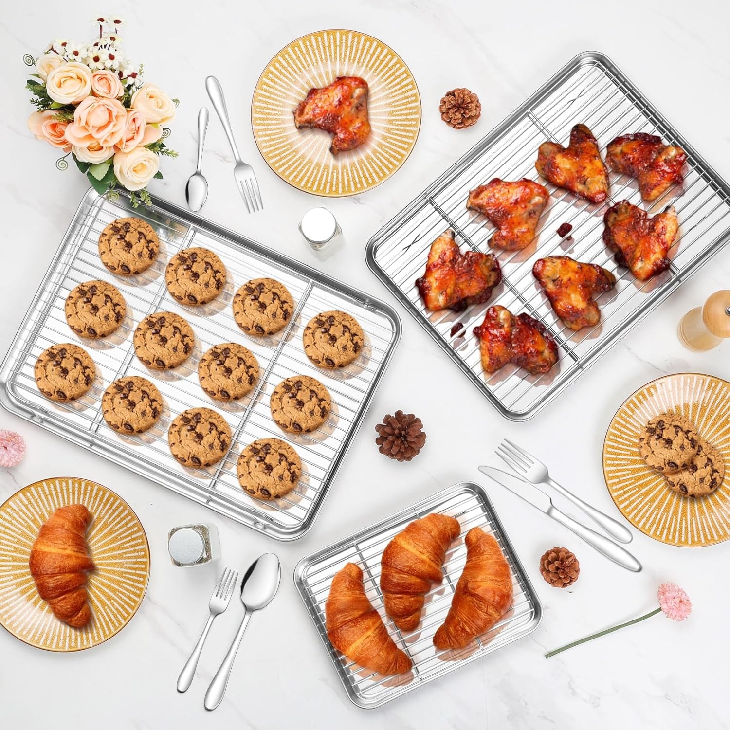 17.5 + 16 + 10.4 Inch Baking Sheets with Racks Set, Stainless Steel Baking Cookie Sheet Oven Pan and Cooling Rack, Healthy & Easy Clean, Oven & Dishwasher Safe, 3 Sizes & 6Pcs