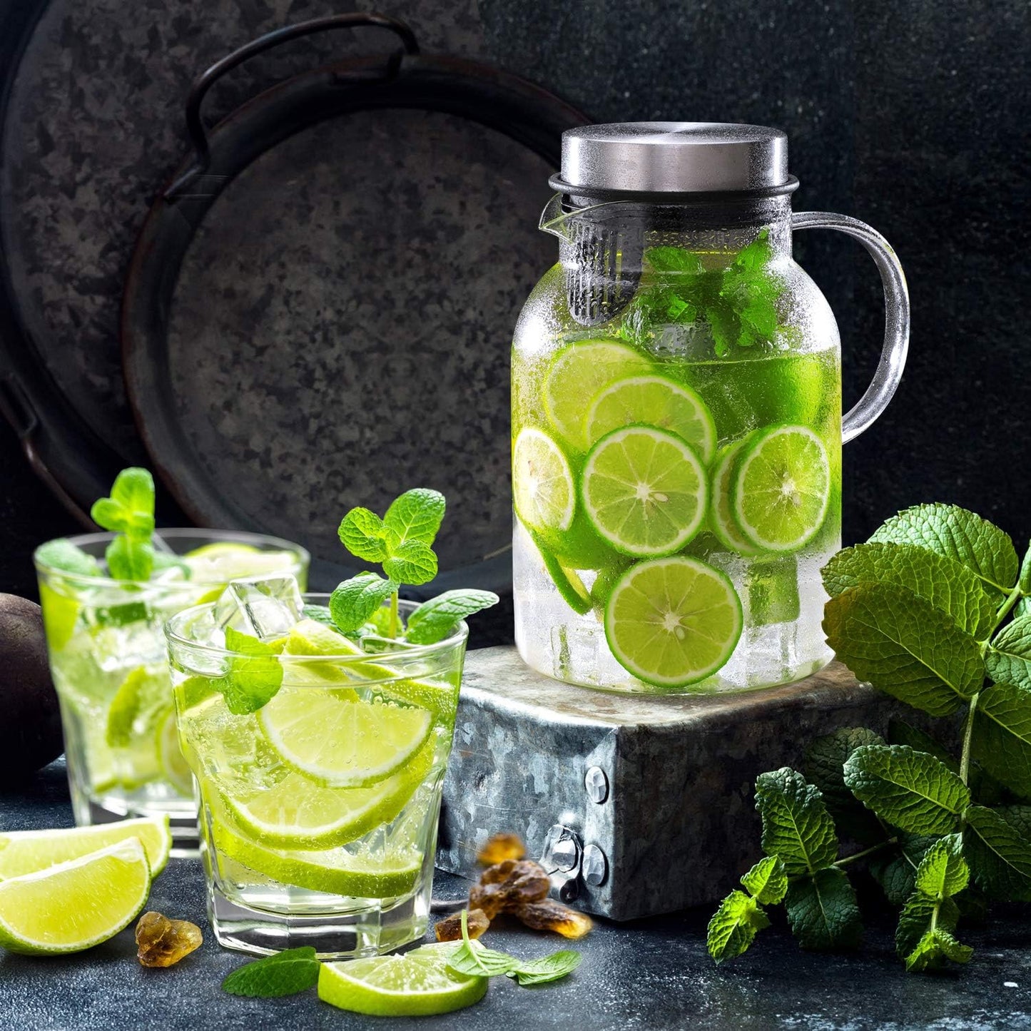 Glass Water Pitcher, Fruit Infuser Pitcher with Removable Lid, High Heat Resistance Infusion Carafe for Hot/Cold Water, Flavor-Infused Beverage & Iced Tea - 2 Qt