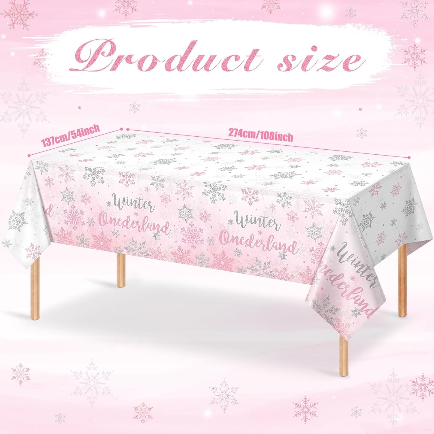 3 Pack Winter Onederland 1St Birthday Tablecloth, Disposable Pink and Silver Winter Snowflake Plastic Table Cover for Winter Onederland Girl Boy 1St Birthday Party Supplies Decorations, 54X108 Inch