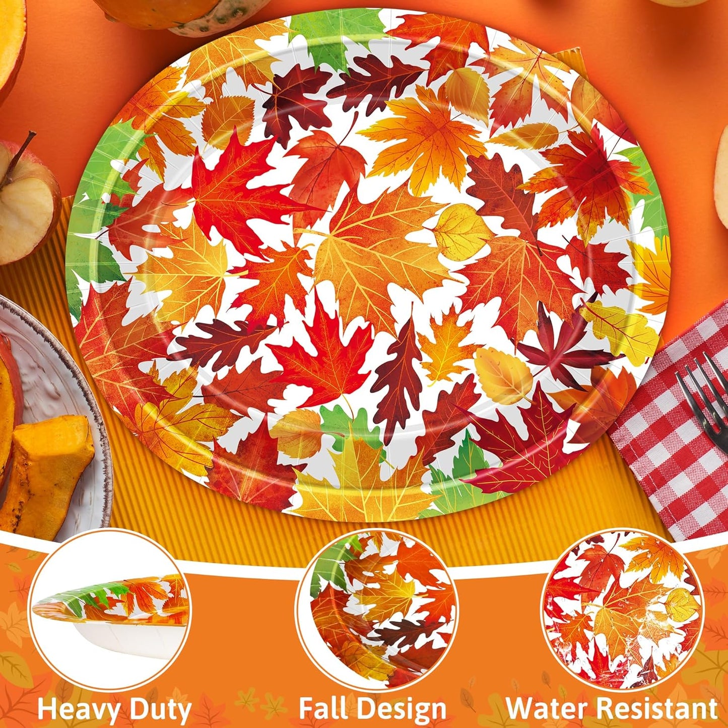50 Pcs Thanksgiving Oval Plates, 12.2 × 10.2 Inches Thanksgiving Paper Plates, Disposable Autumn Dinnerware, Heavy Duty Maple Fall Paper Tableware for Harvest Party Supplies Decorations