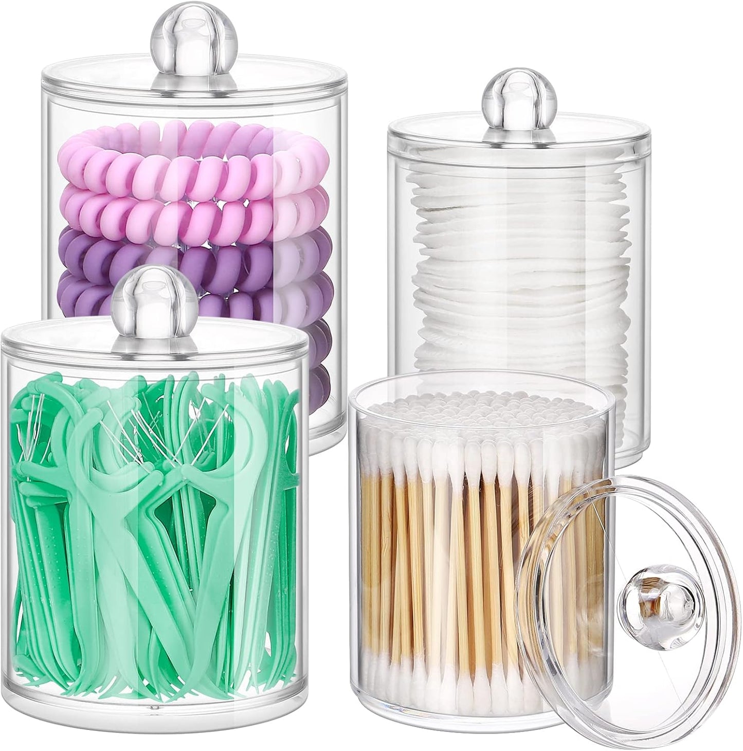 Qtip Holder Dispenser - 4 Pack 10Oz, 12Oz Clear Plastic Apothecary Jars Set - Restroom Bathroom Makeup Organizers Containers for Cotton Ball/Swab/Round Pads, Floss, Hair Ties, Bath Salt