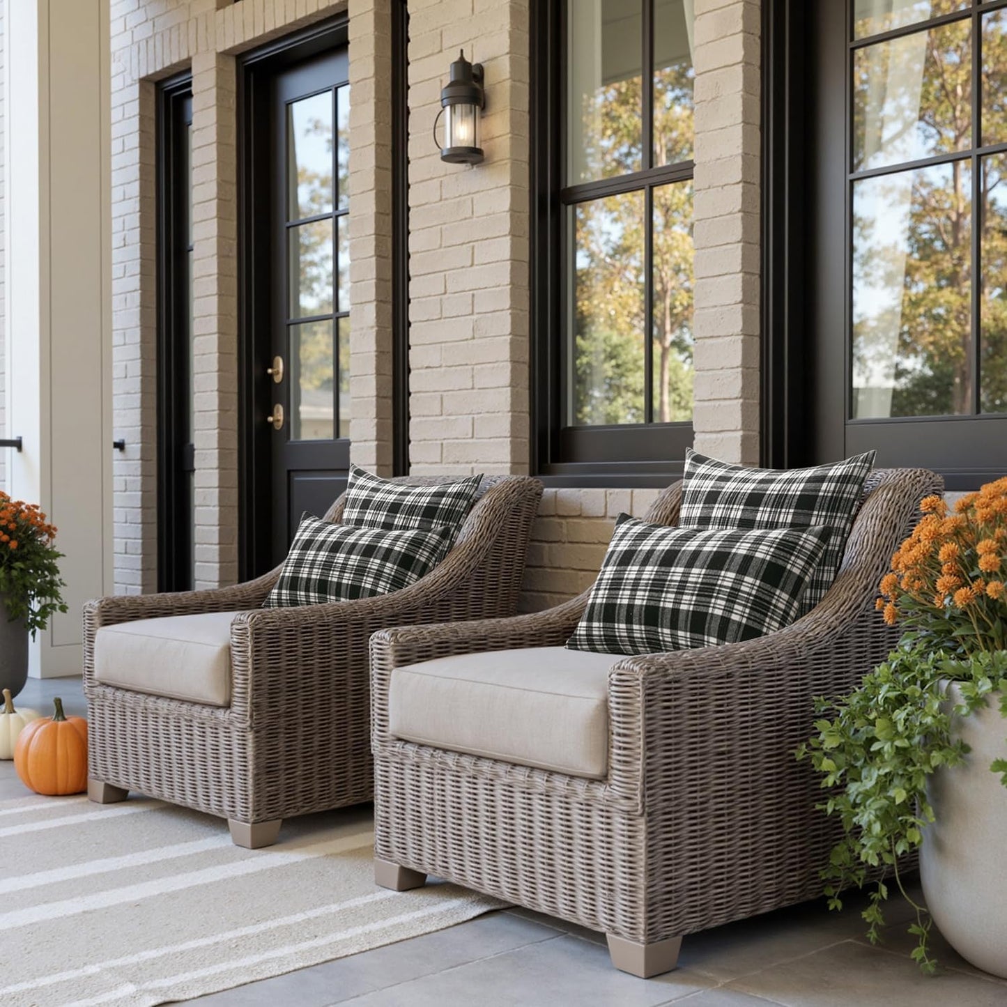 Scottish Tartan Plaid Throw Pillow Covers - Set of 2, 18x18 Inch Black and White Decorative Cushions for Farmhouse Style Outdoor Halloween and Thanksgiving Decor