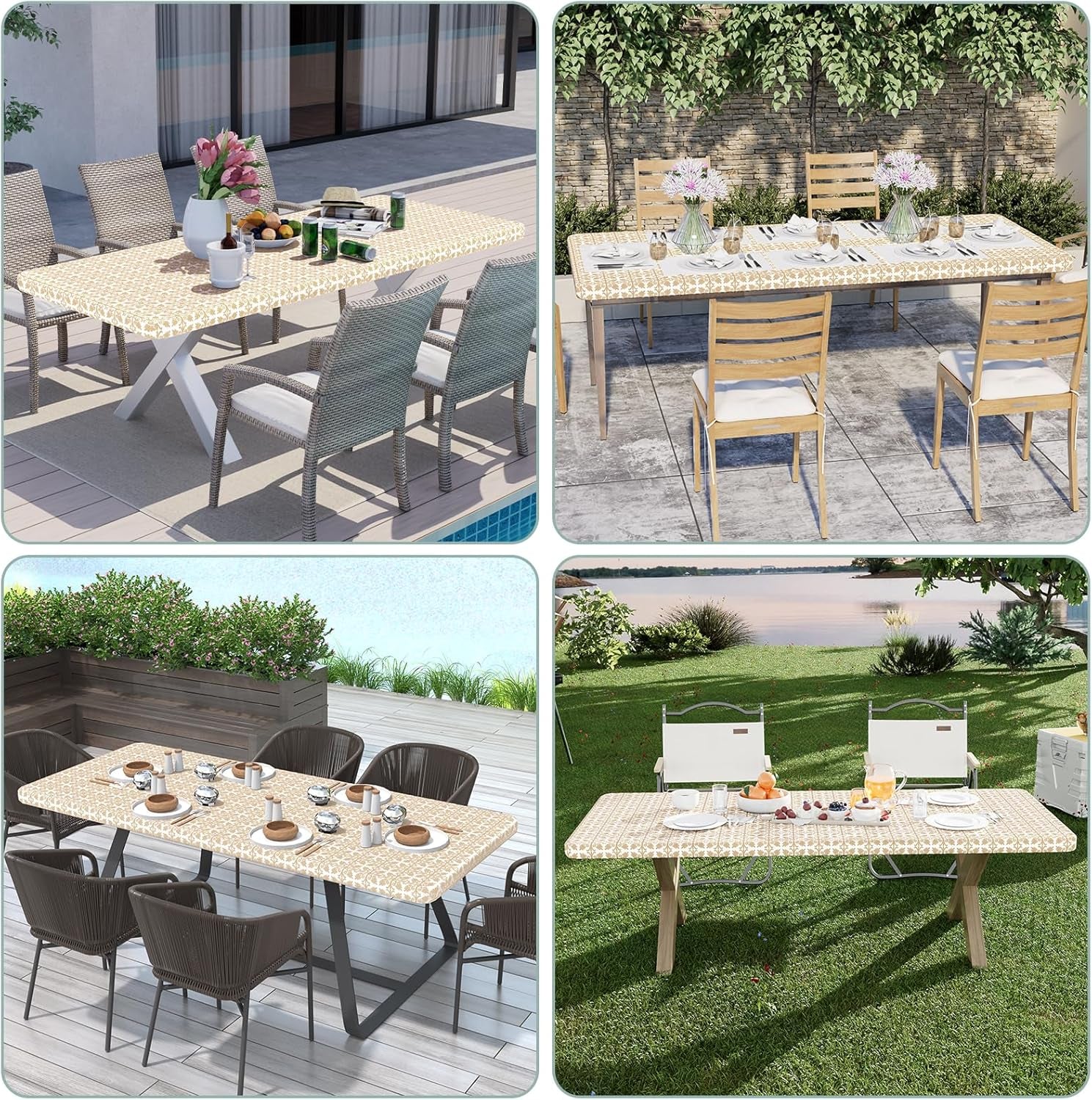 2 Pack 6 Foot Rectangle Picnic Tablecloth, Elastic Fitted Waterproof Table Cover, Windproof Washable Polyester Table Cloth for Camping, Indoor and Outdoor (Khaki, 30" X 72")