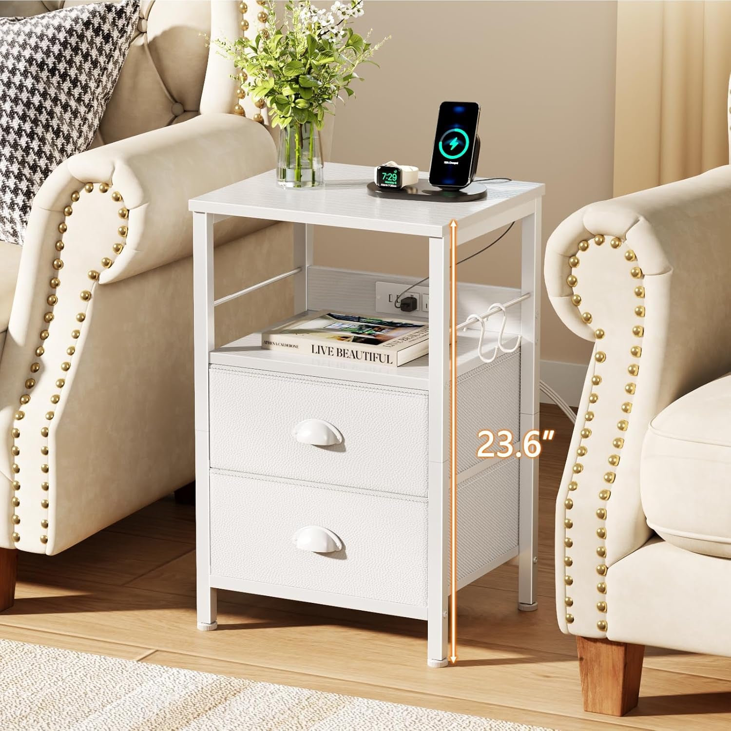 Nightstands Set of 2, Night Stands with Charging Station, Side Tables with 2 Fabric Drawers, End Tables with Storage Shelves, for Bedroom, White