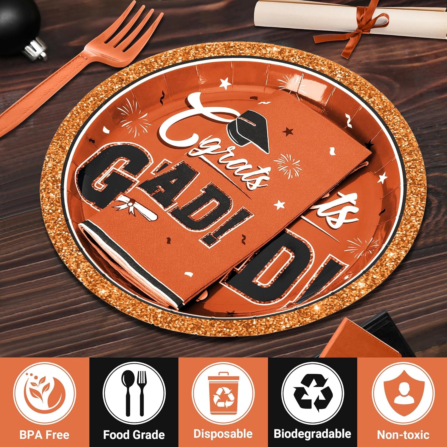 50 SET Graduation Plates and Napkins 2025 and Forks, Orange Grad Party Supplies, Disposable Orange Paper Plates and Grad Napkins, Graduation Table Decorations Class of 2025