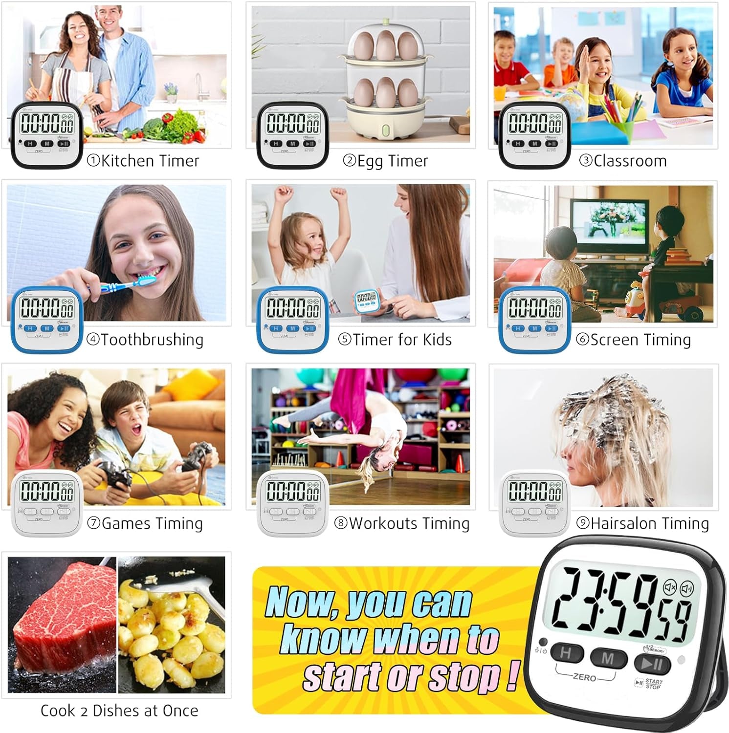 2-Pack Magnetic Kitchen Timers for Cooking, Digital Stop Watch Countdown Timer for Kids, Teachers, Classroom, Office, Exercise - Battery Included