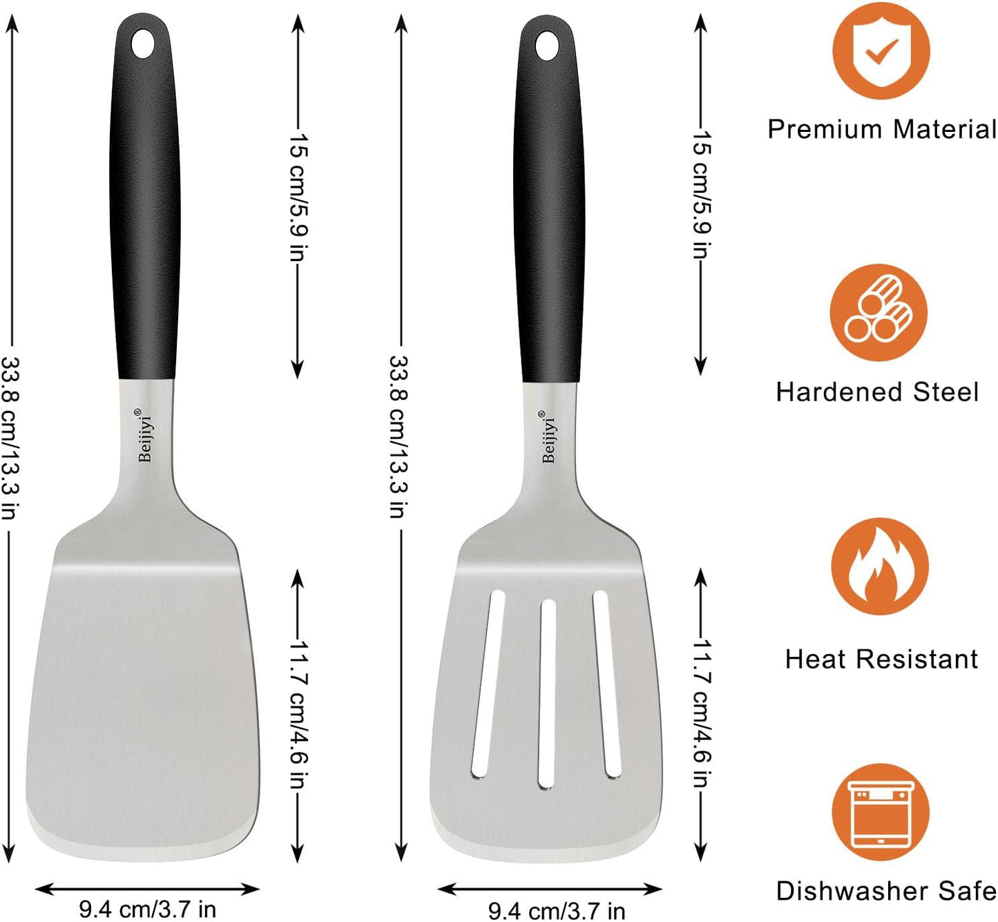 Stainless Steel Spatulas Set, Solid and Slotted Metal Turner Spatula for Cooking Cast Iron Skillet, Kitchen and Griddle Spatula with Full Tang Silicone Handle for Smash Burger, Pancake, Egg
