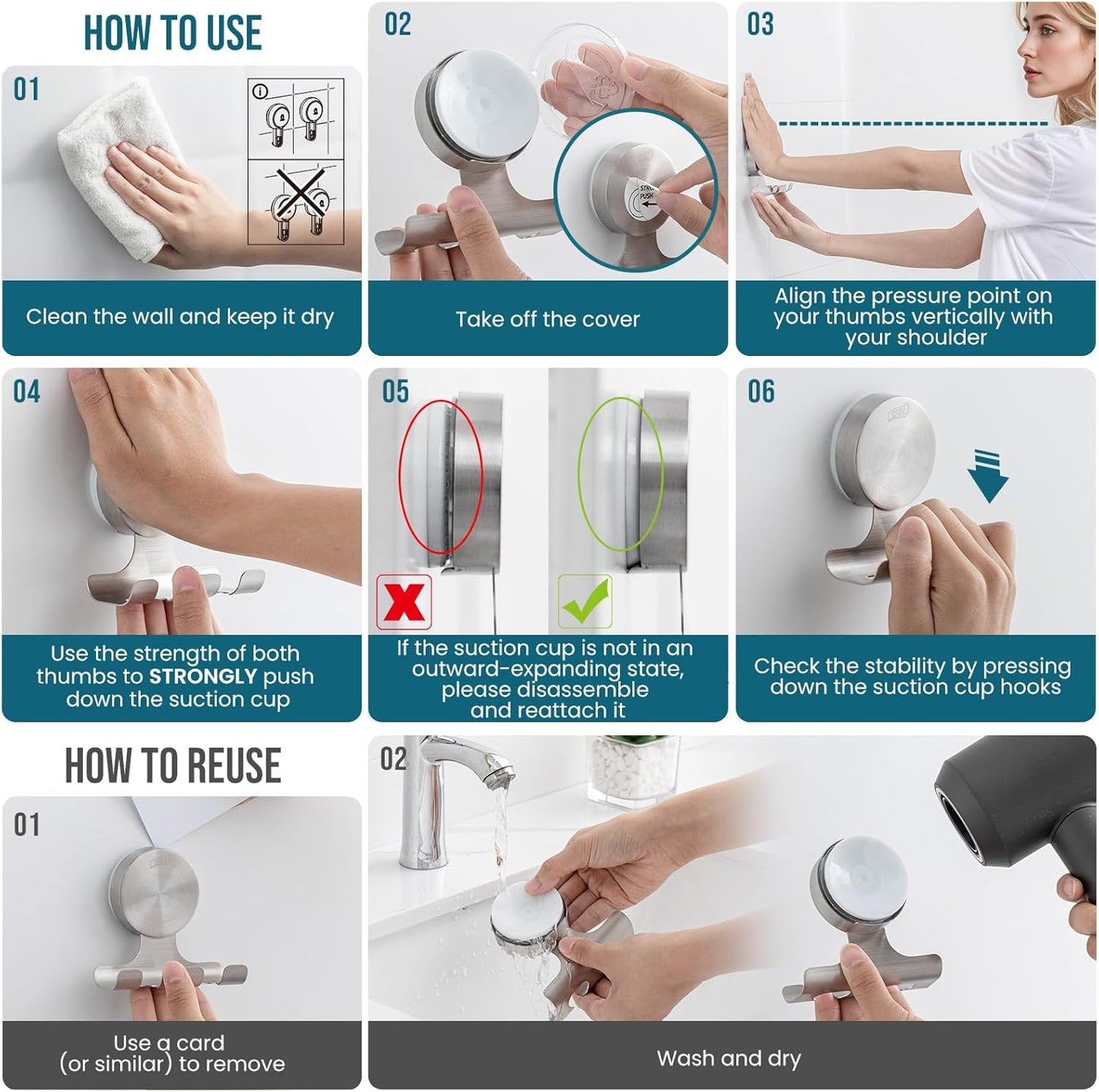 2 Pack Powerful Suction Cup Razor Holder, 304 Stainless Steel Bathroom Suction Hooks for Towel, Loofah, Bathrobe, Stylish Shaver Holder for Shower Wall, Easy to Install and Reuse, Silver