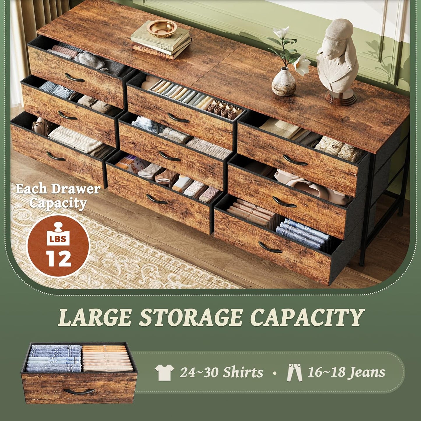 63-Inch Rustic Brown Dresser with 9 Drawers, Versatile Entertainment Center and Large TV Stand for 55-70 Inch TVs