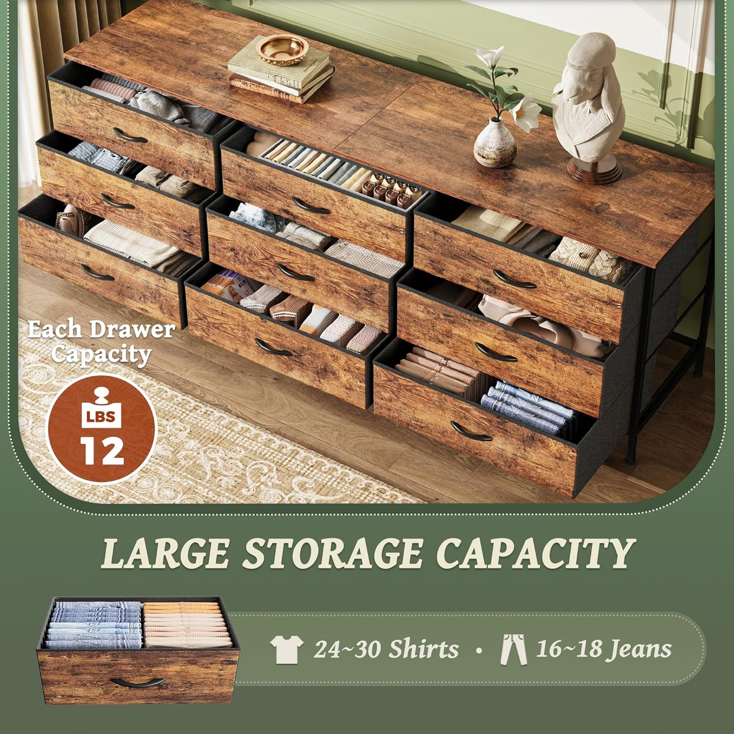 63-Inch Rustic Brown Dresser with 9 Drawers, Versatile Entertainment Center and Large TV Stand for 55-70 Inch TVs