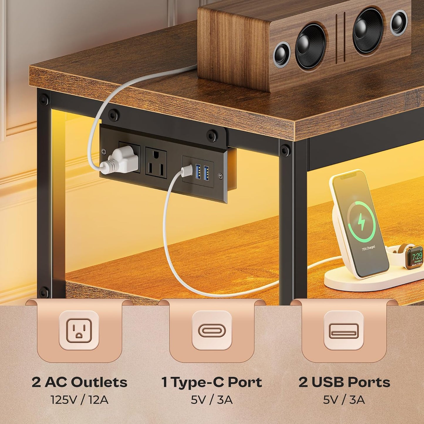 Rustic Black LED TV Stand with Storage for 43 to 55 Inch TVs, 47 Inch Dresser Entertainment Center Featuring Power Outlets and 6 Drawer Fabric Dresser for Living Room