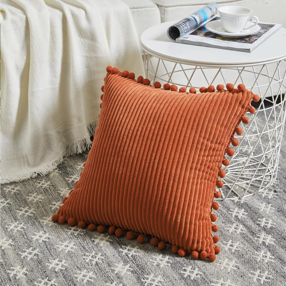 Pack of 2 Burnt Orange Decorative Throw Pillow Covers 18X18 Inch with Pom-Poms for Couch Bed Living Room Bedroom, Soft Corduroy Solid Square Cushion Case 45X45 Cm, Boho Fall Home Decor