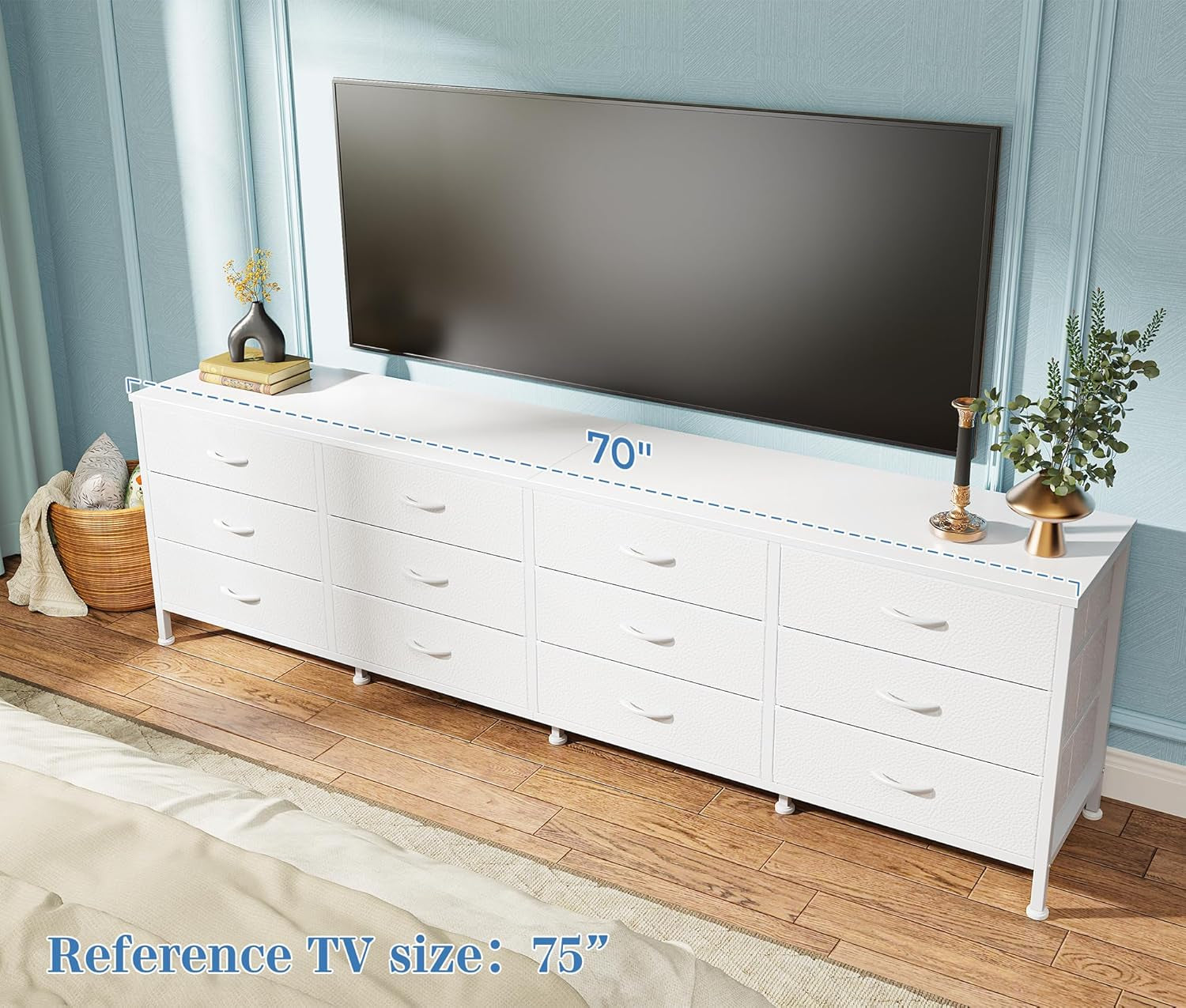 70-Inch Bedroom Dresser and TV Stand for 65-80 Inch TVs, Featuring 12 Fabric Drawers and Ample Storage, Ideal for Living Room, White Finish