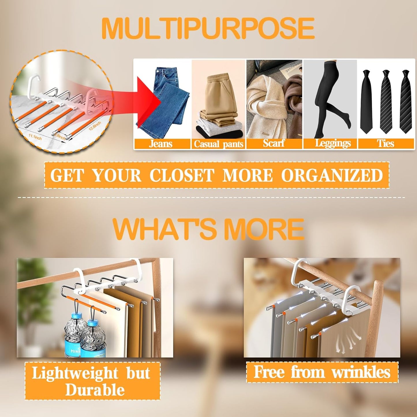 Space-Saving Non-Slip Pants Hangers - 1 Pack for Organizing Jeans, Trousers, Scarves, Leggings, and Skirts (Orange)