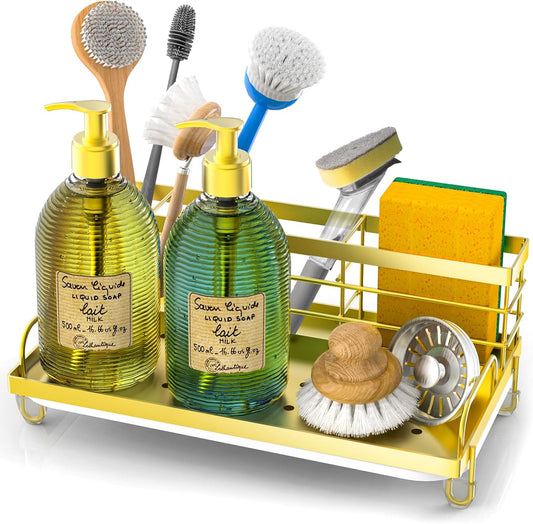 Gold Kitchen Sink Caddy Organizer, Rustproof Sponge Holder, Non-Slip Soap Dish Dispenser Brush Storage, Home & Kitchen Essentials Accessories