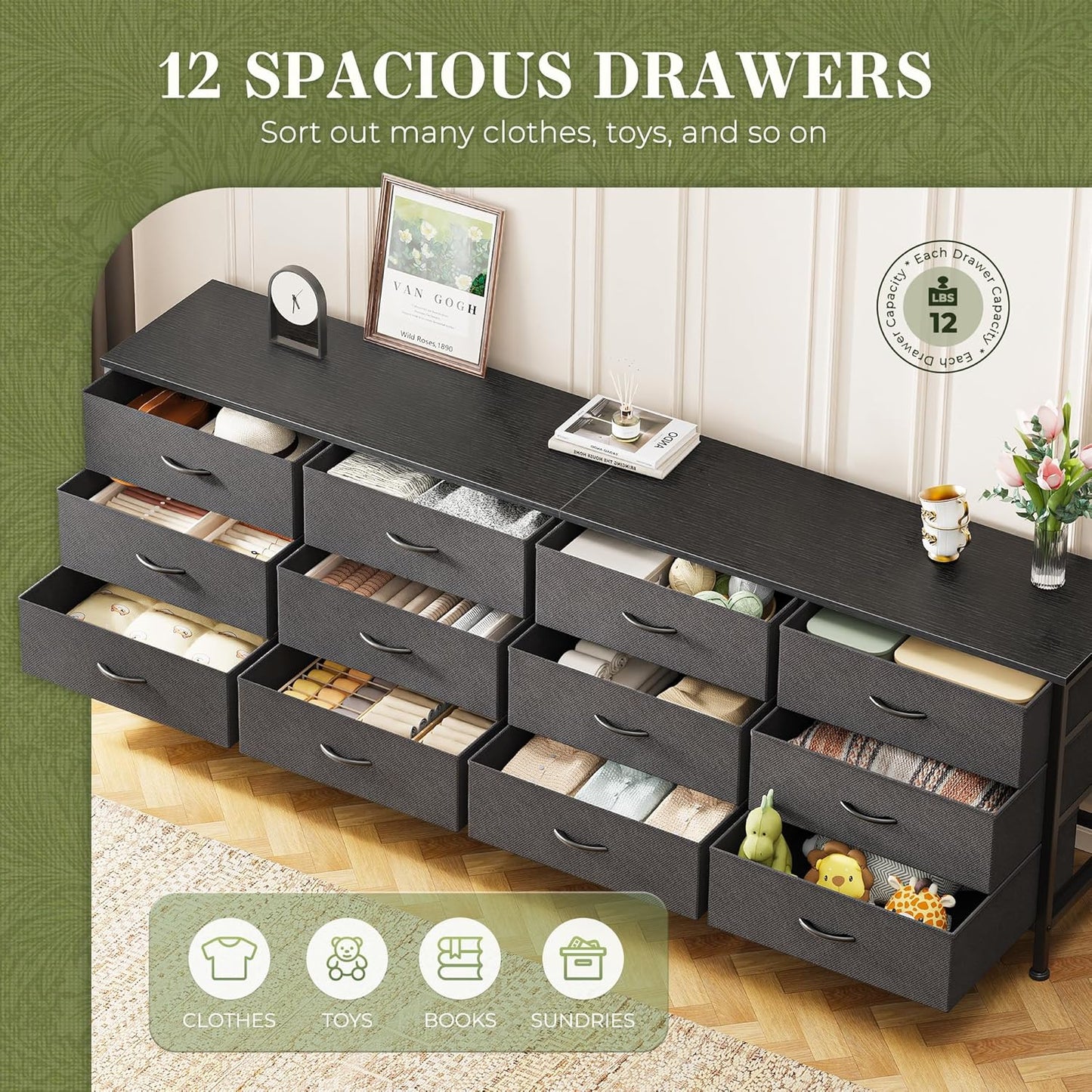 70-Inch Black Dresser and TV Stand for 65-80 Inch TVs with 12 Fabric Drawers - Wide Storage Chest for Bedroom and Living Room