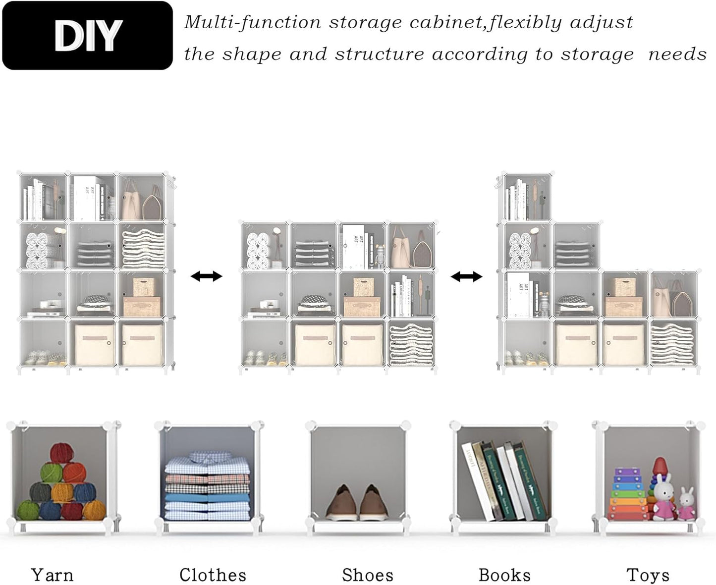 Cube Storage Closet Organizer 12 Cube Storage Shelves with Doors Closet Organizers and Storage Stackable Clothes Organizer for Bedroom, Home Office, White