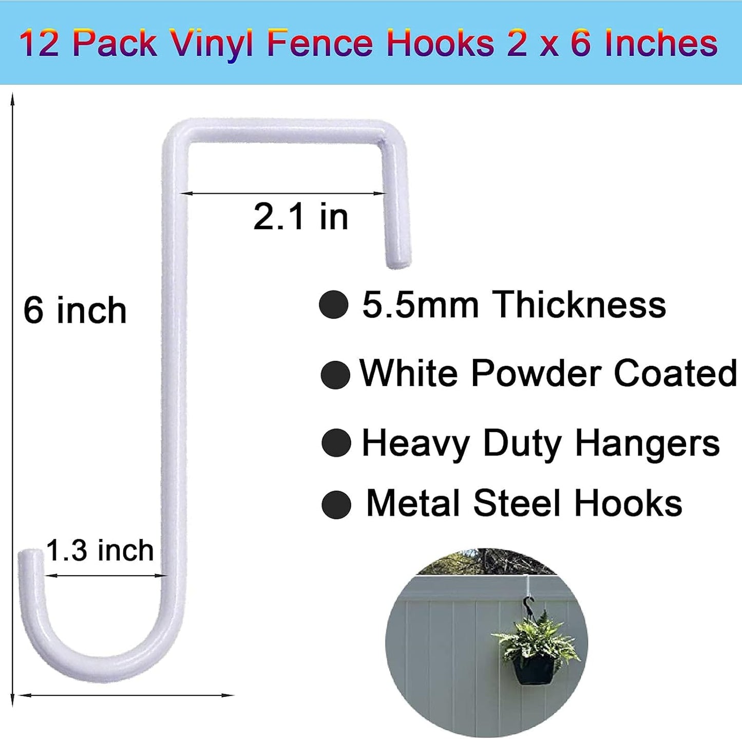 12-Pack Vinyl Fence Hangers - 2 x 6 Inch Patio Light Hooks, White Powder Coated Steel for Hanging Plants, Planters, Bird Feeders, and Lights