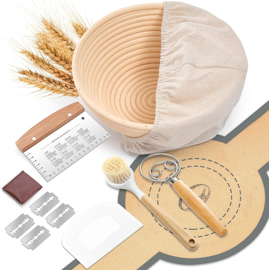 Complete Sourdough Starter Kit, Sourdough Bread Baking Supplies Set, 9'' round Bread Proofing Basket with Other Dough Making Tools, Ideal for Bread Making Baking Fermentation