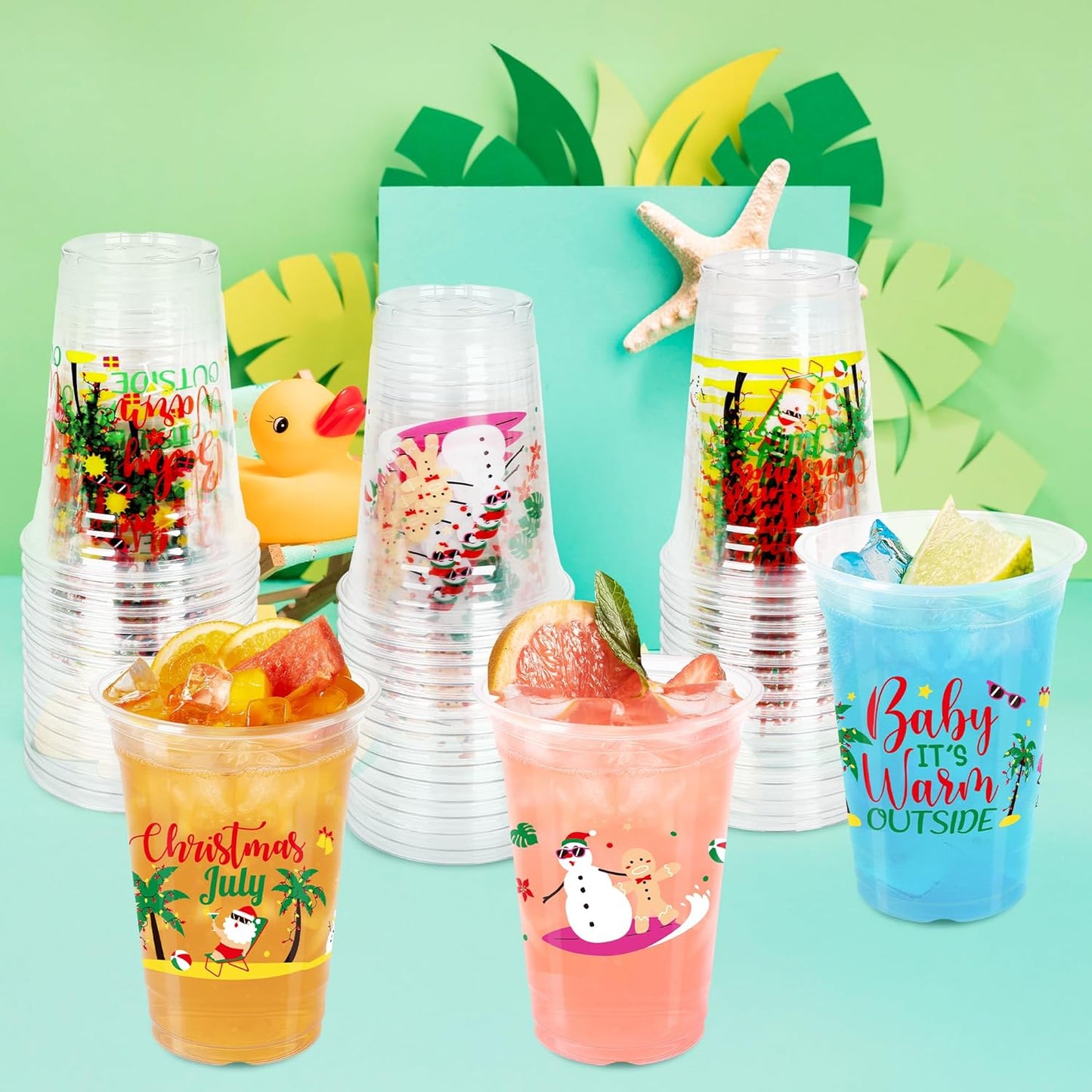 50 Pcs July Christmas Plastic Cups, 14 Oz Xmas in July Party Decorations, Santa Summer Christmas Disposable Plastic Cups, Clear Cup for Tropical Beach Bbqs Summer Hawaiian Party Supplies