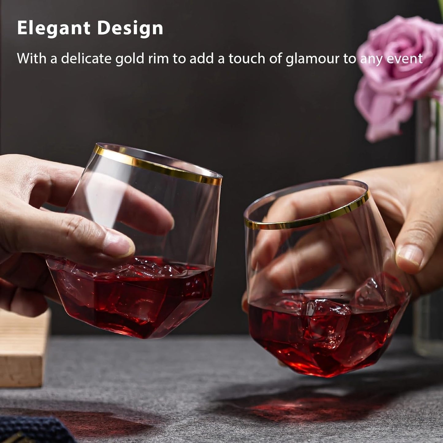 40 Pack Diamond Plastic Wine Glasses,Unbreakable Stemless Whiskey Cocktail Wine Champagne Glasses,12 Ounce Durable Disposable Cups Gold Rim for Parties, Weddings, Birthdays