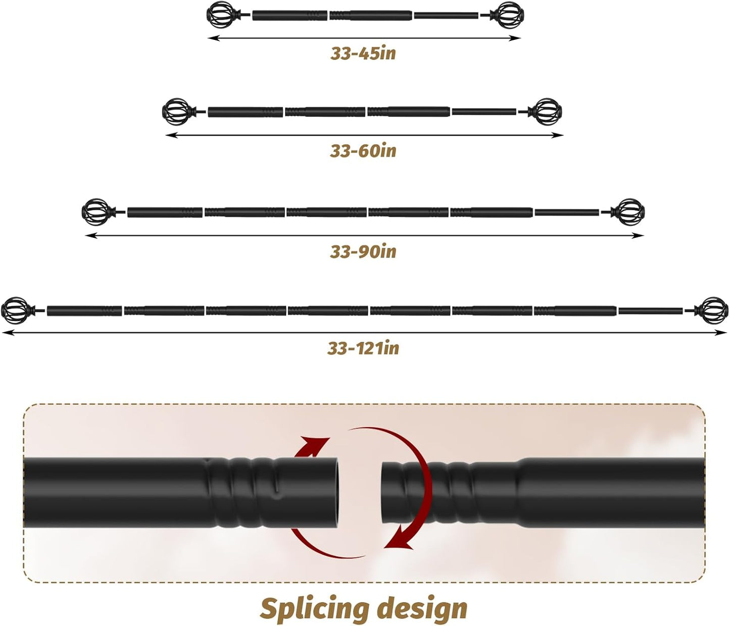Curtain Rods for Windows 28 to 48 Inches,Black Adjustable 5/8 Inch Curtain Rod for Bedroom, Small Decorative Drapery Rods with Twisted Cage Finals