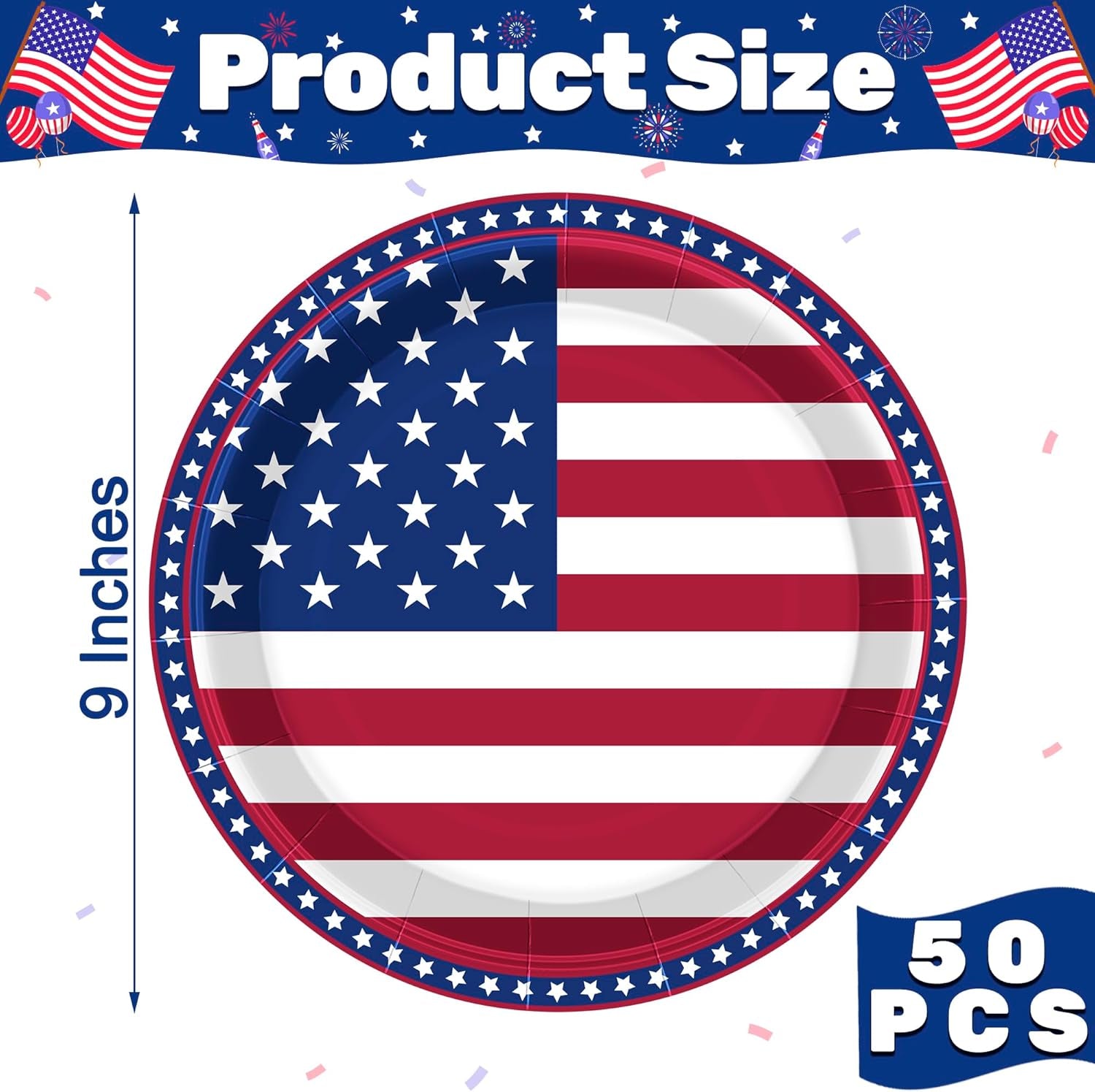 50 PCS 4Th of July Decorations, 9 Inches Pactriotic Paper Plates, round Party Dinnerware Set, Strips and Stars Disposable Plates for Memorial Independence Day Picnics Holidays