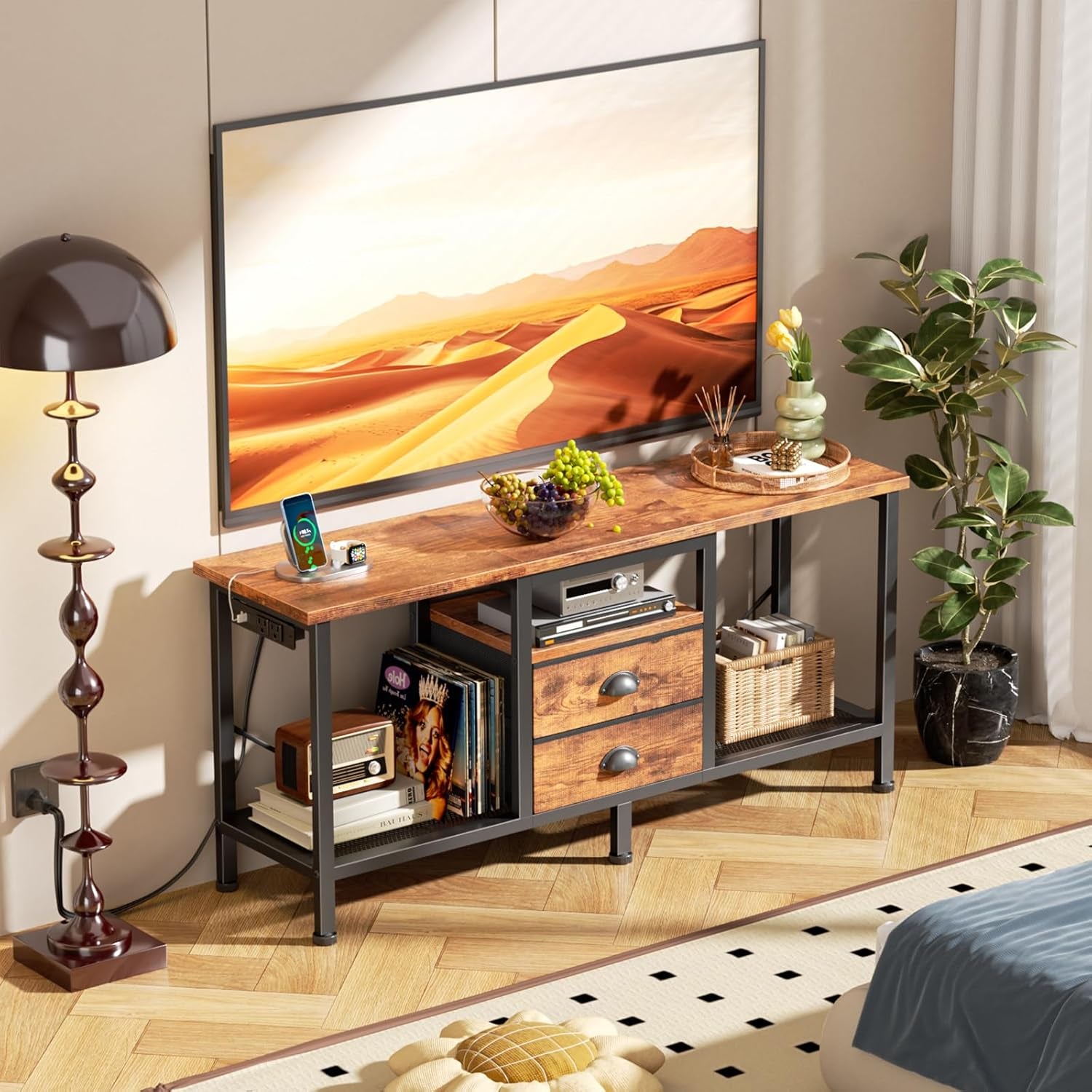 TV Stand with Power Outlets and 2 Fabric Drawers, 42 Inch Small Entertainment Center with Open Storage Shelves, Simple TV Console Table for Bedroom, Living Room, Rustic Brown