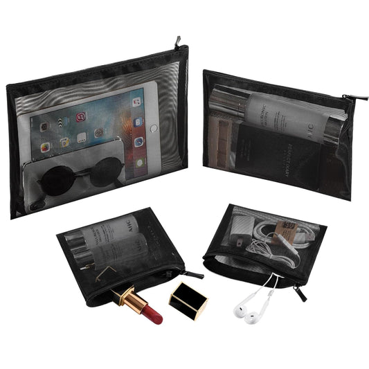 Mesh Pouch, Make up Bag with Zipper Cosmetic Organizer Pouch for Daily or Travel to Keep Small Items, 4 PCS Black