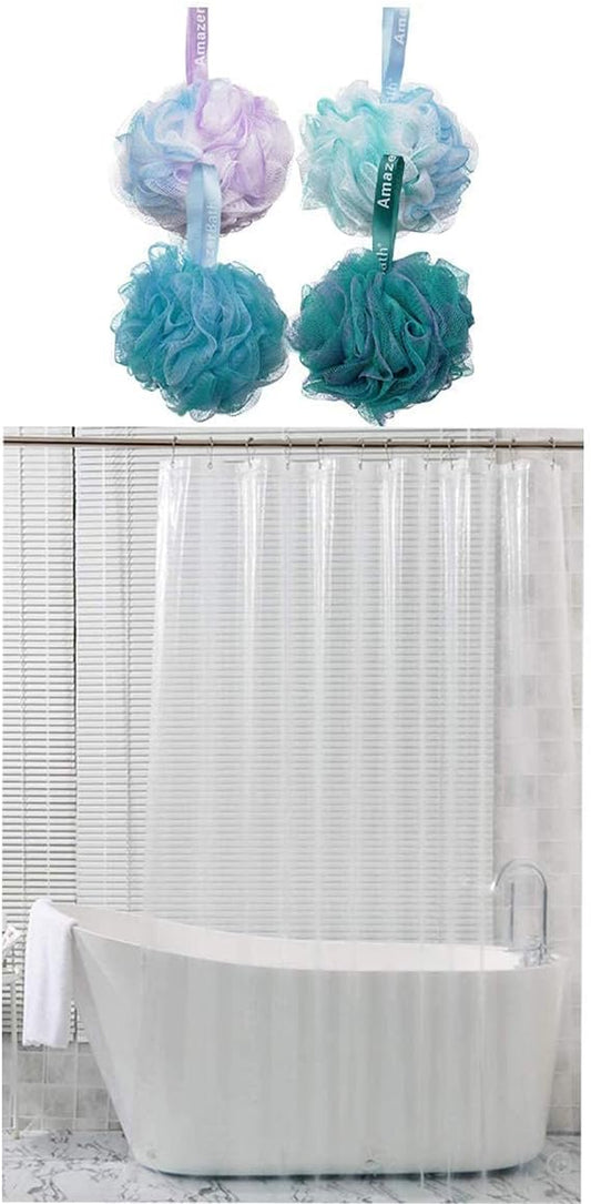 75G/Pcs Set of 4 Flower Color Shower Bath Sponge and 72 X 72 Inches EVA 8G Plastic Shower Curtain with Heavy Duty Clear Stones and 12 Grommet Holes