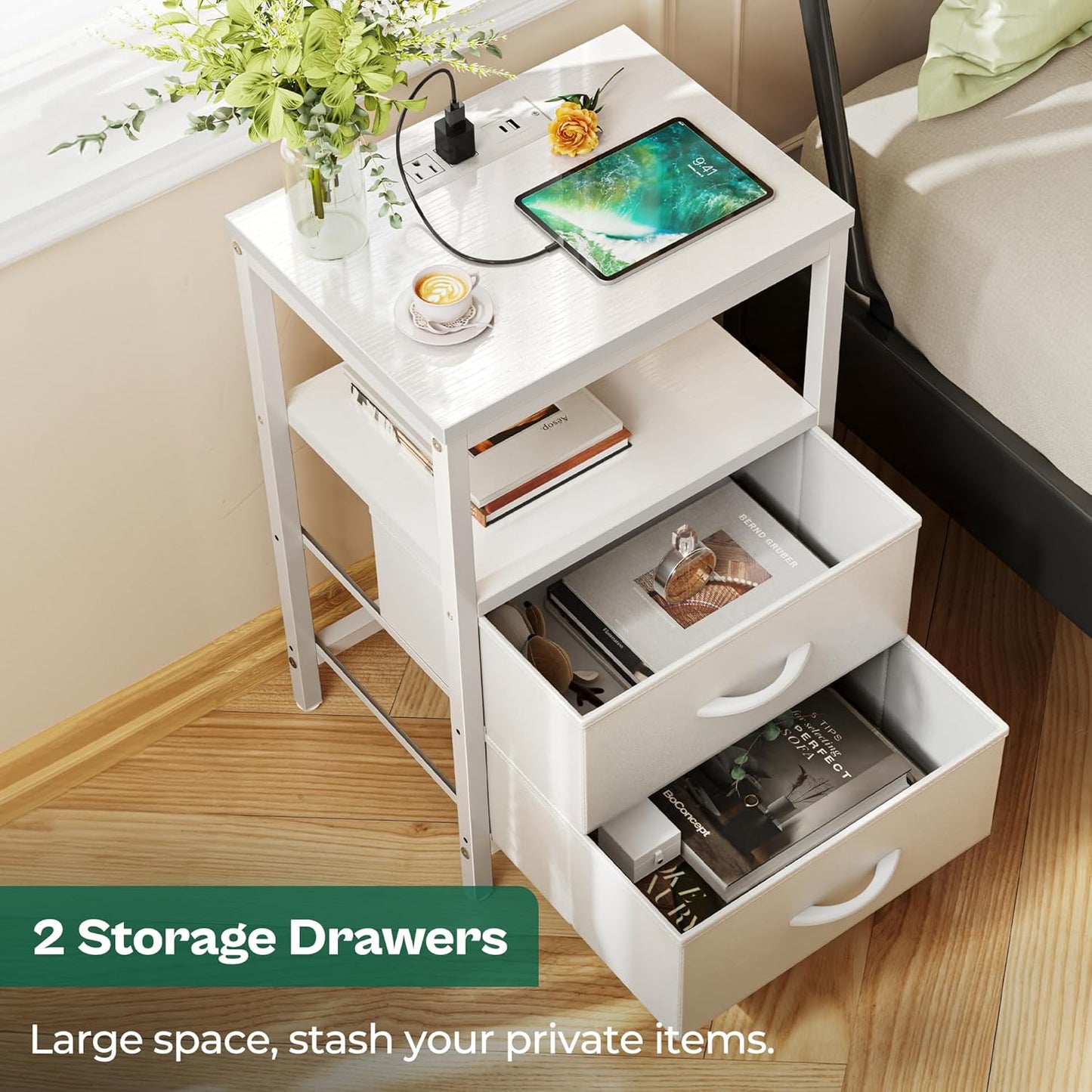 Elegant Nightstand with Integrated Charging Station, Fabric Drawers, Open Shelf, USB Ports, and Outlets - White Finish