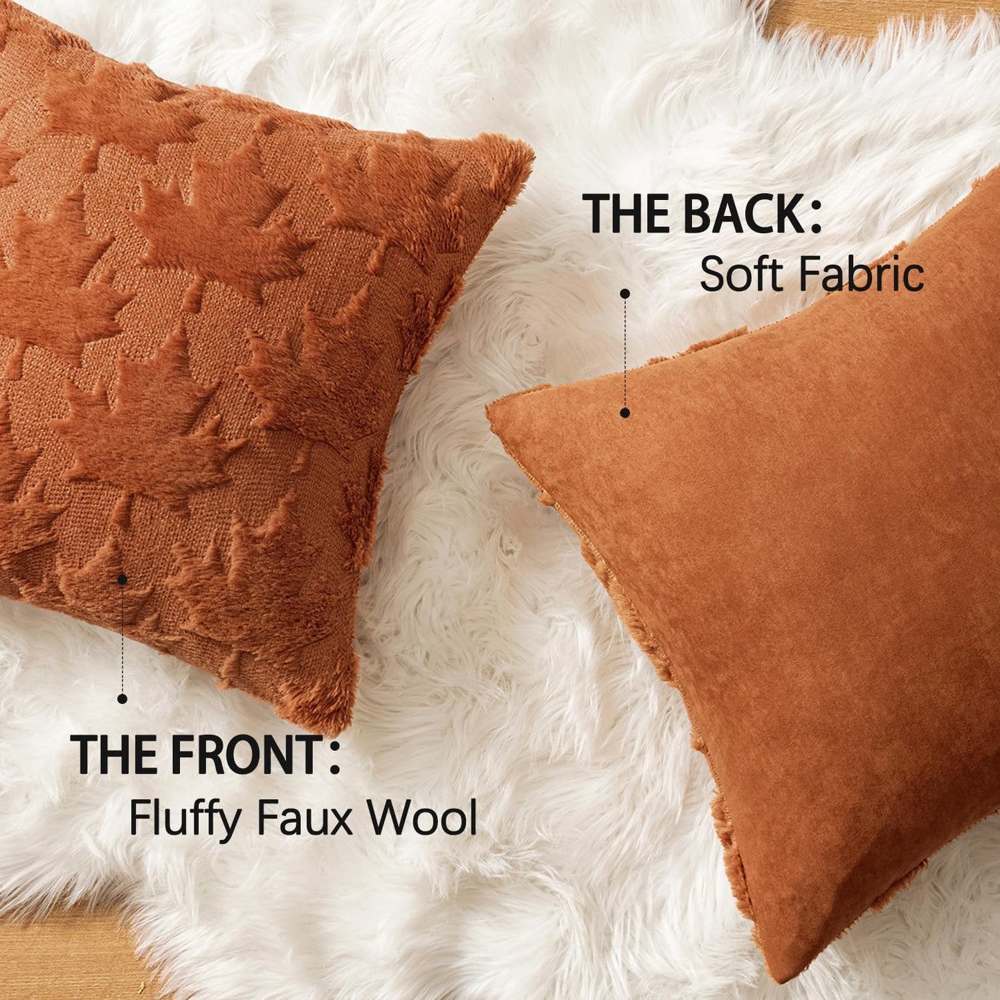 Fall Autumn Throw Pillow Covers 18X18 Rust Set of 2 Thanksgiving Decorative Solid Maple Leaf Pattern Accent Pillow Covers Soft Plush Faux Wool for Home Decor Holiday Outdoor Porch Bedroom