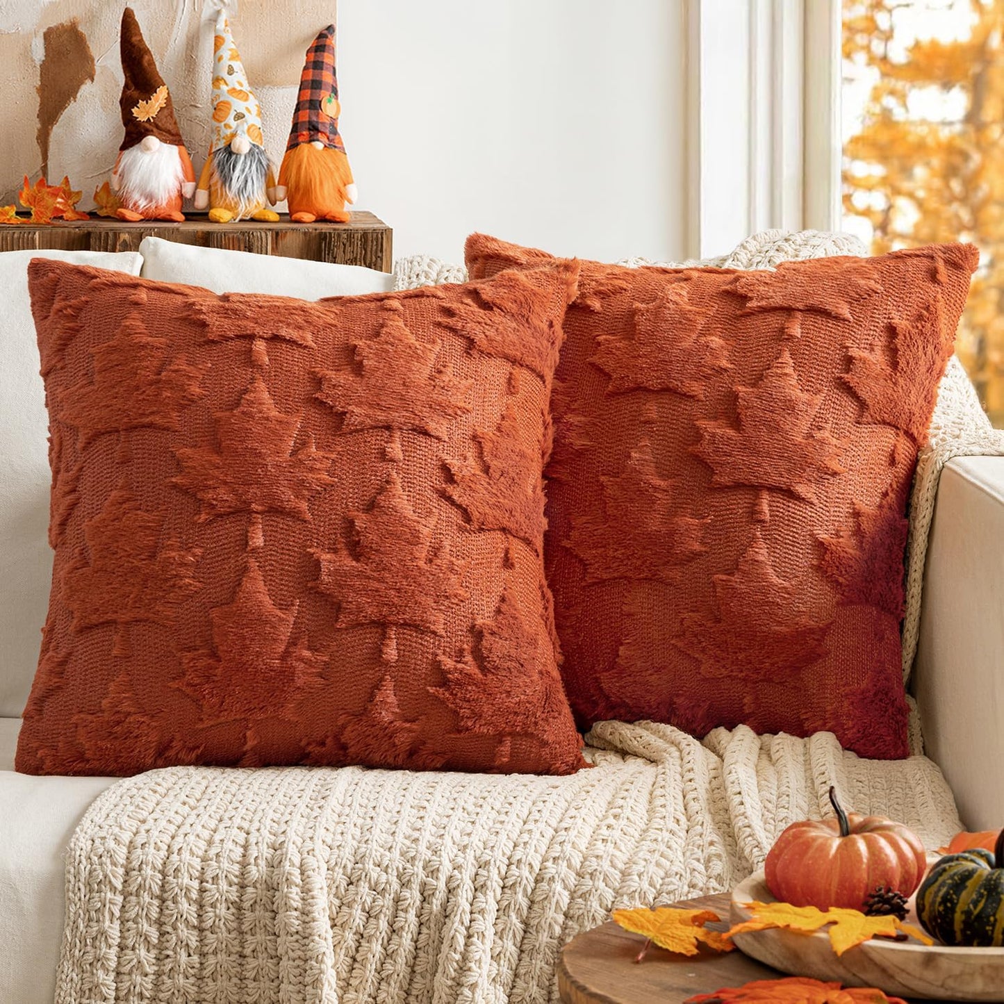 Fall Autumn Throw Pillow Covers 18X18 Burnt Orange Set of 2 Thanksgiving Decorative Solid Maple Leaf Accent Pillow Cases Soft Plush Faux Wool for Home Decor Holiday Outdoor Porch Bedroom