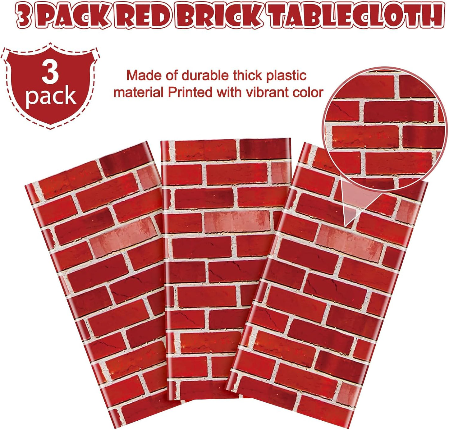 3 Pack 108X54 Inch Red Brick Tablecloth,Brick Wall Backdrop Wallpaper Disposable Plastic Rectangular Table Covers Background for School Home Birthday Holiday Halloween Christmas Party Decorations