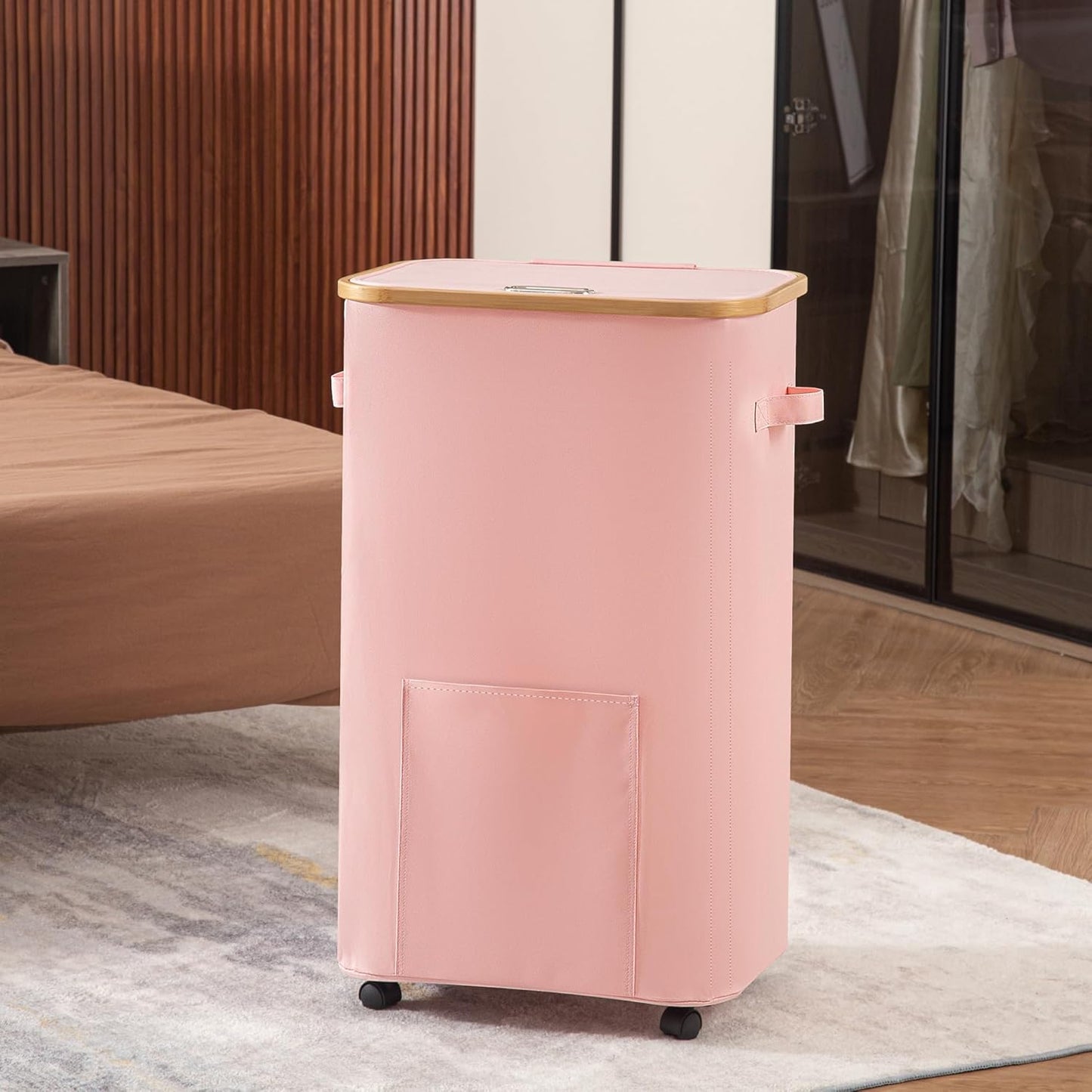 Laundry Basket with Wheels, Tall Dirty Clothes Hamper on Wheels, Rolling Laundry Hamper with Lid for Dorm, Bedroom and Bathroom (Pink, 100L)