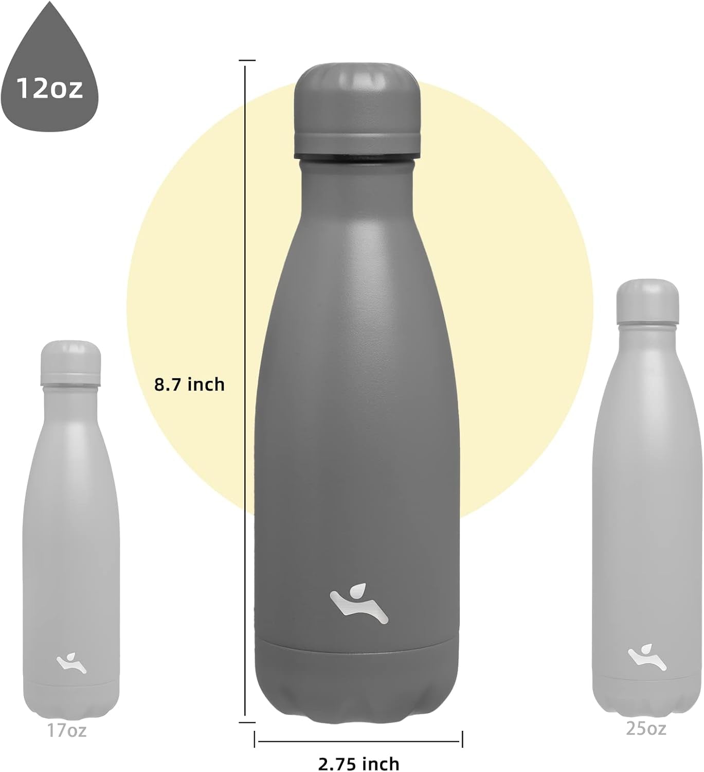 Insulated Water Bottles,12 Oz Double Wall Stainless Steel Vacumm Metal Flask for Sports Travel,Gray