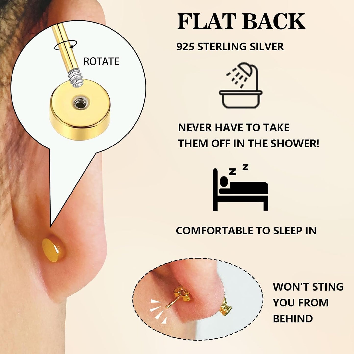 Mother'S Day Flat Back Stud Earrings for Women, 14K Gold Plated Screw Back Earrings, Two Tiny CZ Stud Flat Back Earrings, Hypoallergenic Stud Earrings for Helix Cartilage Piercing Jewelry (Style 1)