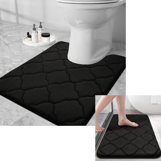 Memory Foam Bath Rug and Toilet Rug U-Shaped, Bath Rug Size 24X16 and Toilet Rug Size 24X20 in Black, 2 Item Bundle