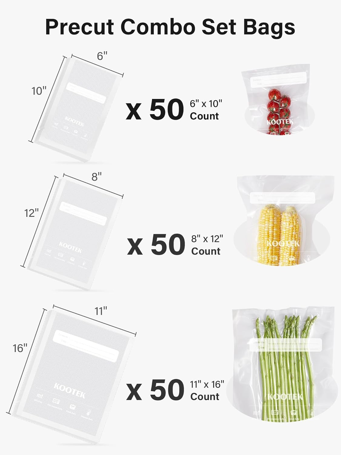Vacuum Sealer Bags, 150 Gallon 11" X 16", Quart 8" X 12" and Pint 6" X 10" Vacuum Seal Bags for Food, Commercial Heavy Duty, BPA Free, Precut Food Vac Bag for Storage, Meal Prep or Sous Vide