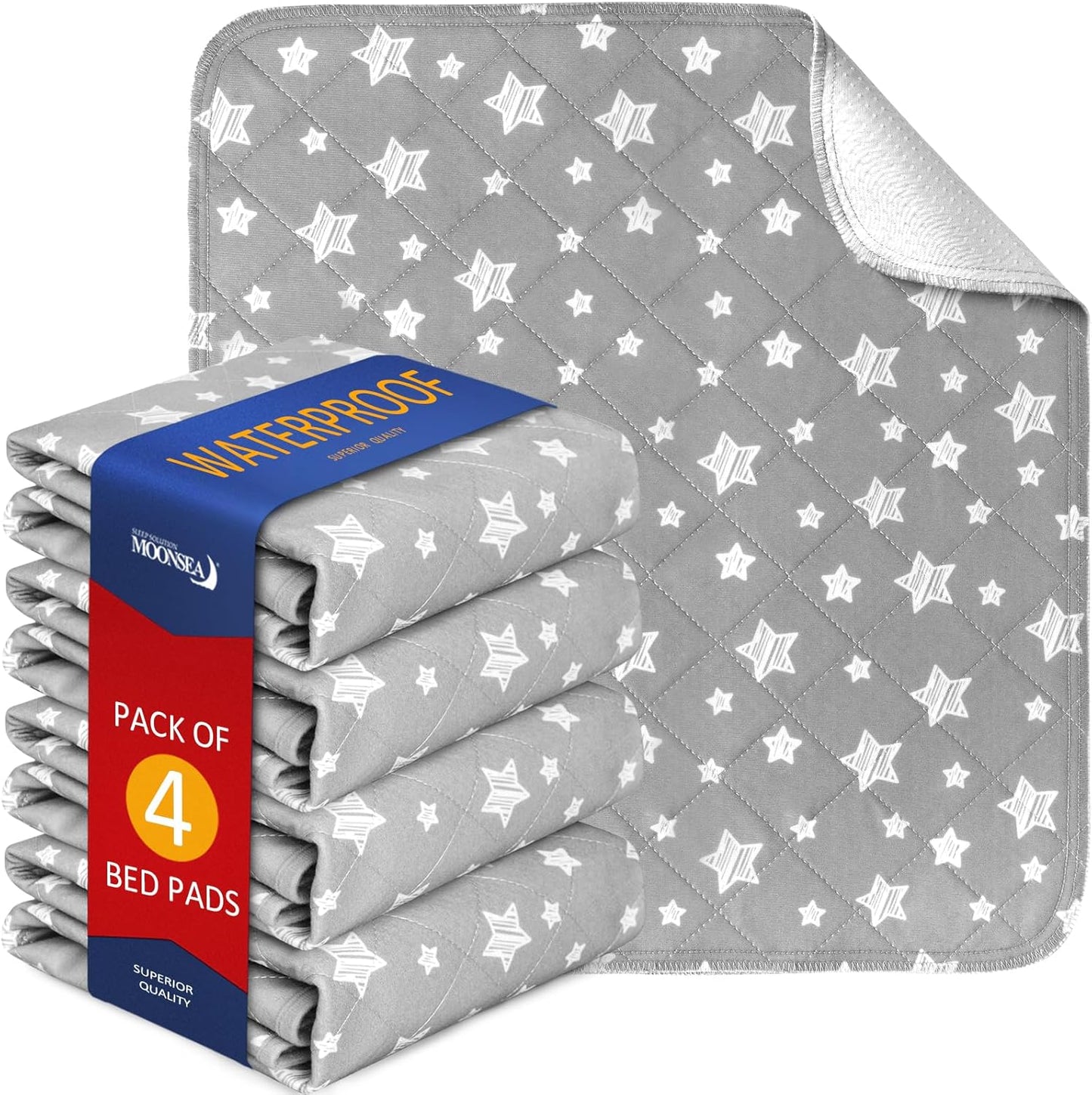 Waterproof Bed Pads Washable, Reusable Incontinence Pads for Kids, Adults, Elderly and Pets, Washable Underpads for Bed, Sofa, Floor, 22"X21" 4 Pack, Gray Star