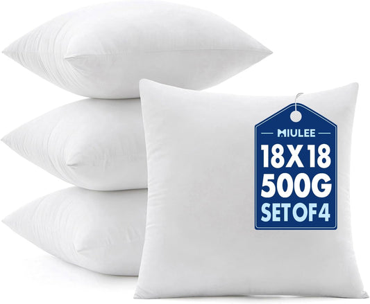 Premium 18x18 Inch Throw Pillow Inserts, Pack of 4, Filled with 100% Virgin Microfiber for Bed, Couch, and Sofa