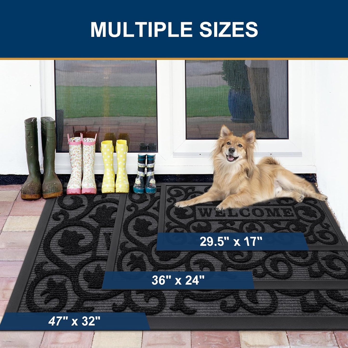 Welcome Door Mat outside Entrance, Heavy Duty Trap Dirt and Moisture Easy Clean Low Profile Patio Porch Indoor Outdoor Front Doormat for Entry, 29.5X17 Inch, Black/Welcome